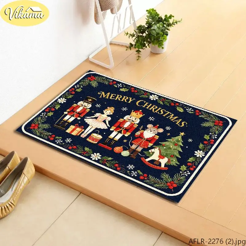 VIKAMA Christmas Doormat Nutcracker Tree Rocking Horse Blue Washable Anti-Slip Door Mat for Entryway Outdoor Holiday Decor