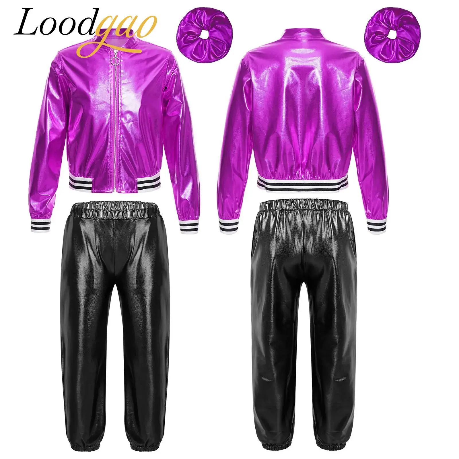 

Hip Hop Clothes Kids GirlsLong Sleeve Zipper Outfit Metallic Jacket Pants Fashion Dancewear Suits Children Jazz Dance Costume