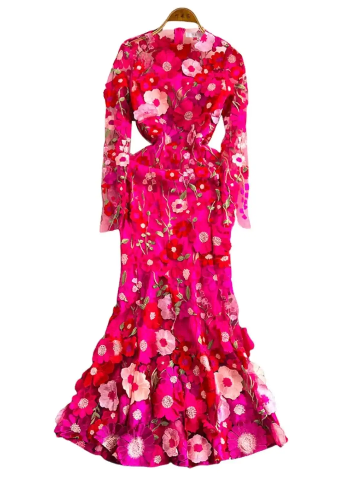 Quality Summer Autumn Fashion Flower Embroidery Lace Prom Wedding Dress Women Tulle Long Sleeve Mermaid Fishtail Dresses Party