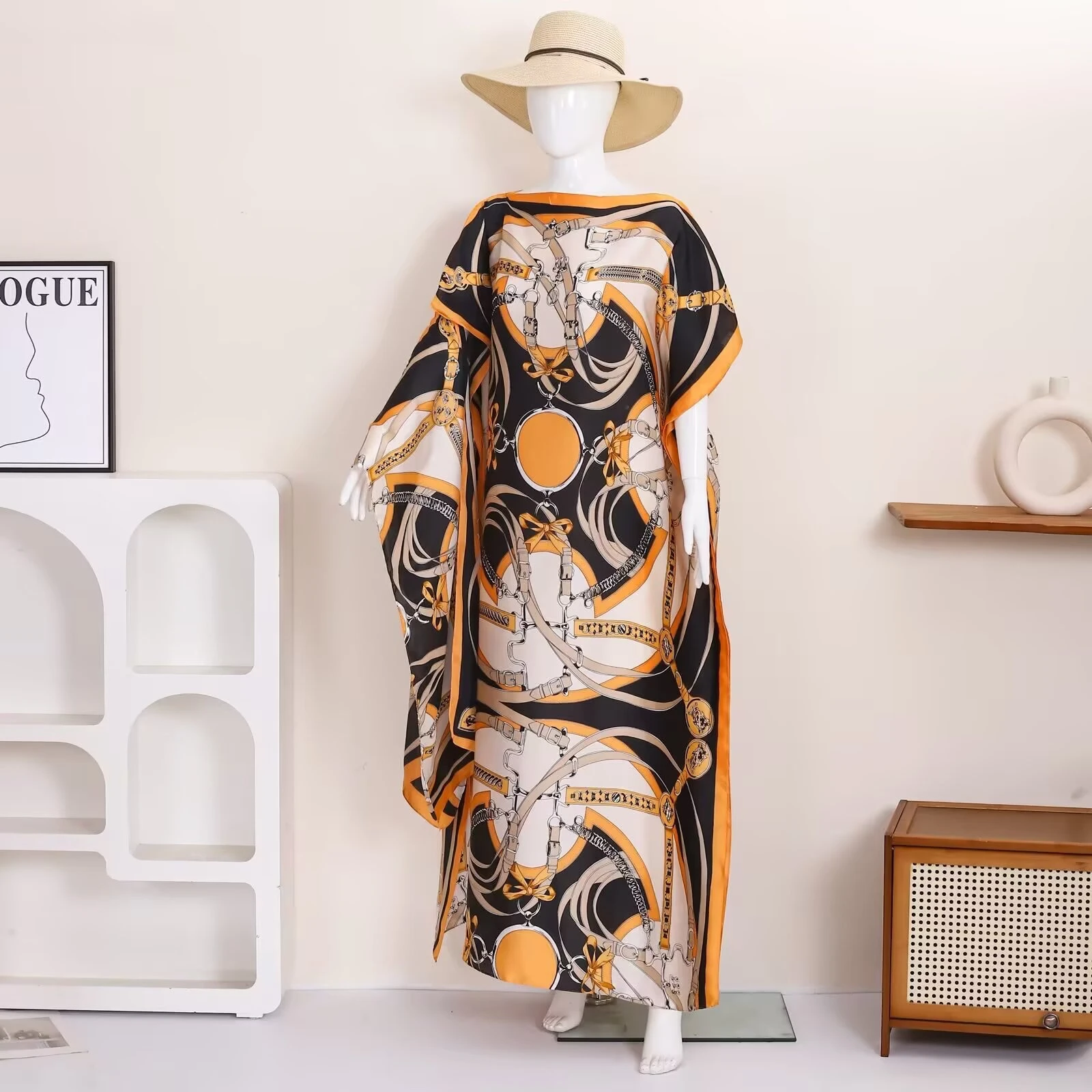 1J piece retro chain print satin robe women's loose bat sleeve holiday beach blouse long casual dress view 5