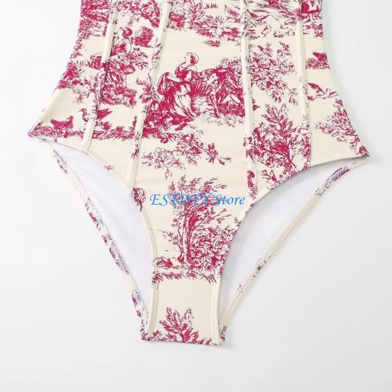 G6DE Women Conjoined Halters Back Swimming Low Waist Swimwear Padded Swimsuit Bra Swimwear Push Up Beachwear Print  Swimsuit