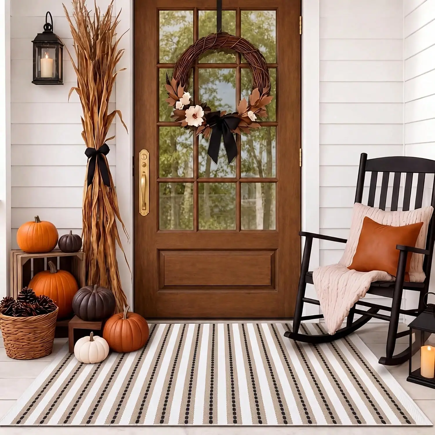 Khaki Black And White Striped Carpet Autumn Doormat, Suitable For Outdoor Entrance Farmhouse Doormat On The Front Porch, Washable Neutral Carpet, Suitable For Autumn Home Decoration Layered Appearance Halloween Decoration Doormat