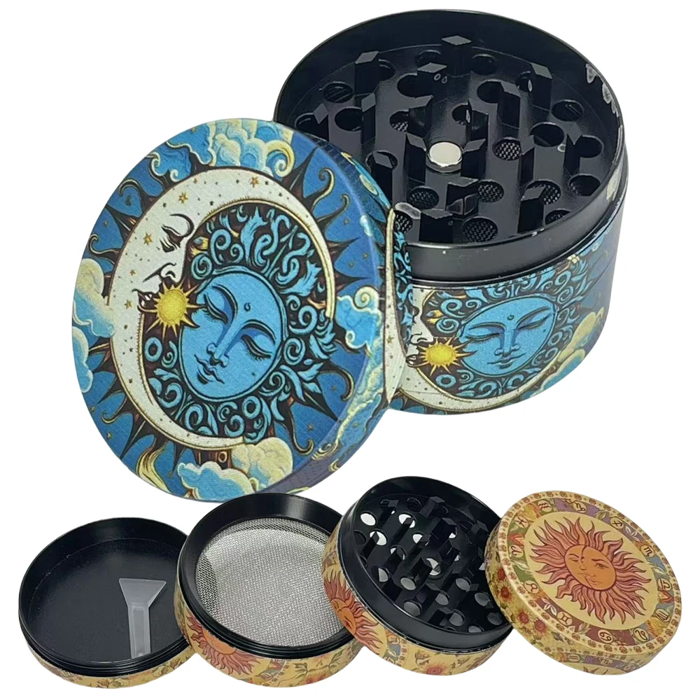 1.6/2inch Boho Moon Herb Grinder 4-Layers Metal Salt Spice Mill Pepper Mortar Sun Raw Grass Tobacco Grinder Smoking Kitchen Tool