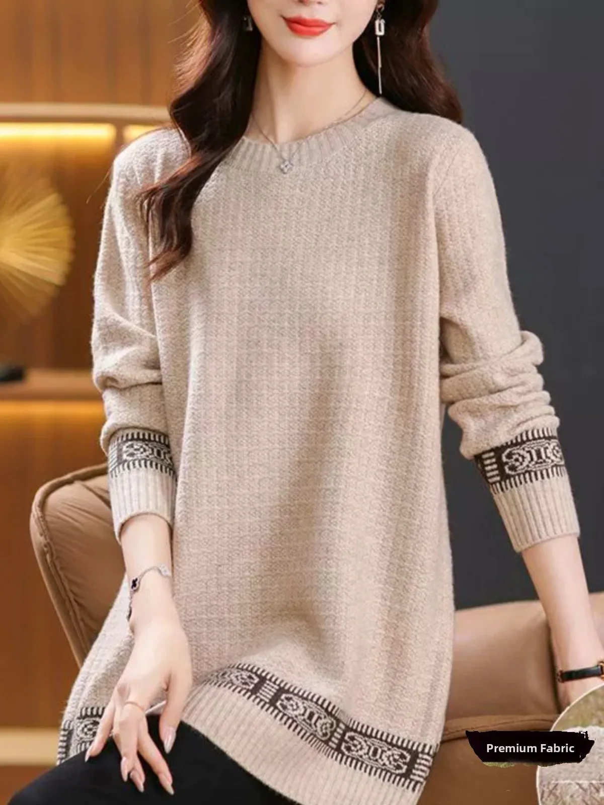 

Свободный вязаный свитер с длинными рукавами и круглым вырезом для женщин: модный, универсальный, средней длины, в повседневном стиле, осенне-зимний трикотаж