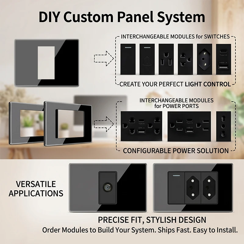 

118 Type Tempered Glass Wall Plate – DIY Modular Design with NEMA 5-15R Duplex Outlet and US/EU/Italy/Chile Socket Modules