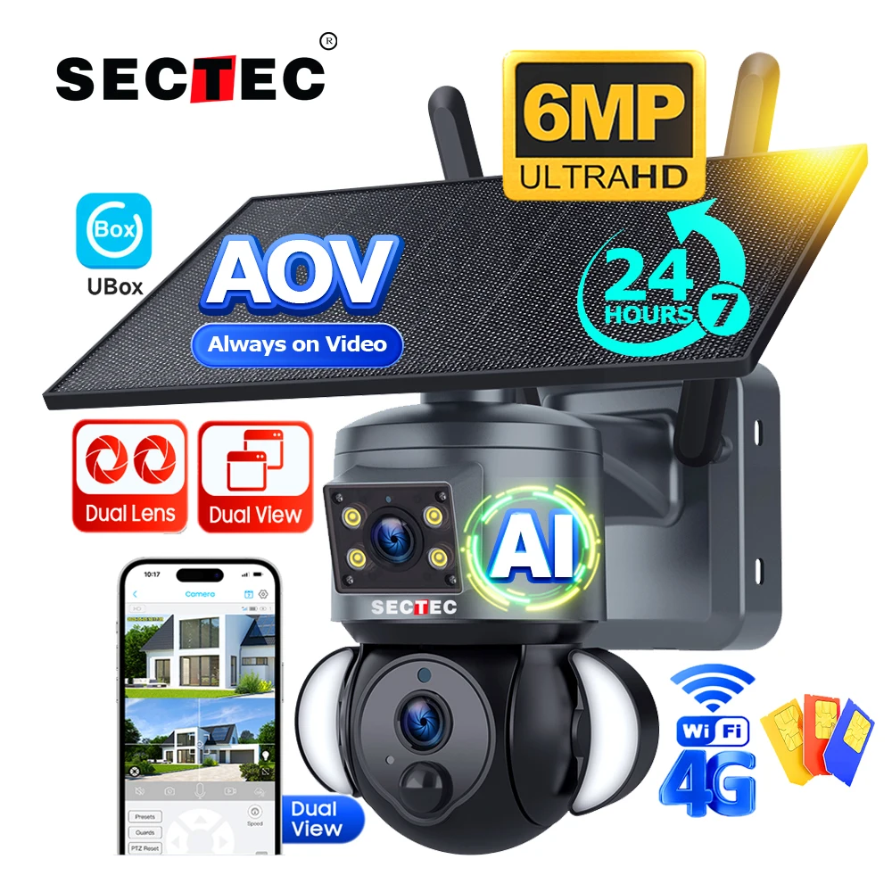 AOV 7/24 سجل كامل اللون للرؤية الليلية 2 عدسة لاسلكية واي فاي 4G بطاقة Sim تعمل بالطاقة الشمسية CCTV Ubox كاميرا الأمن الشمسية في الهواء الطلق
