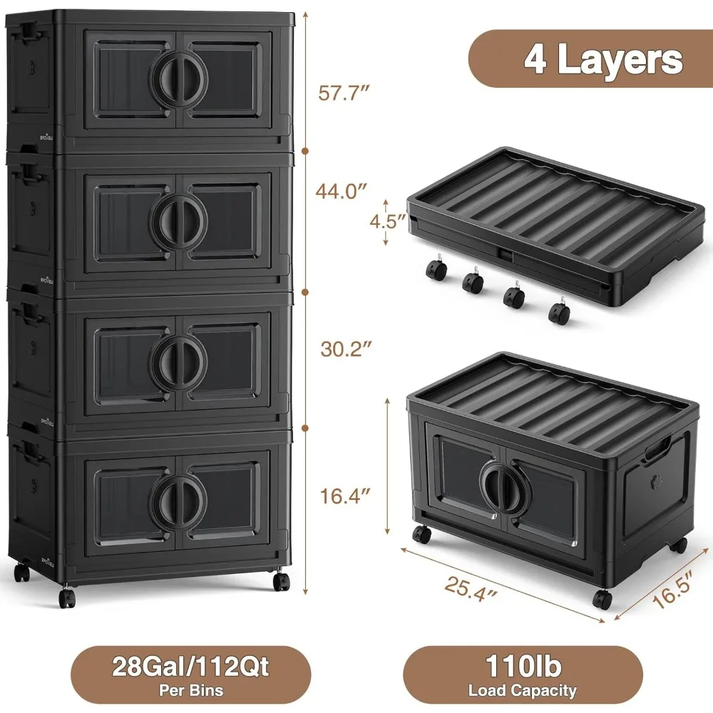 Storage Bins with Lids, Stackable Collapsible with Wheels, Closet Organizers and Folding Plastic Containers with Door Lockers