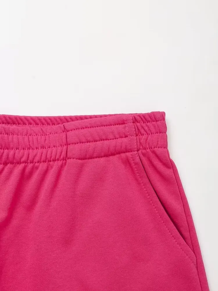 TRAFZA-Elegante Chic Rosa Vermelha Calça Curta Feminina, Bolsos de Cintura Alta, Elástico, Rua, Verão