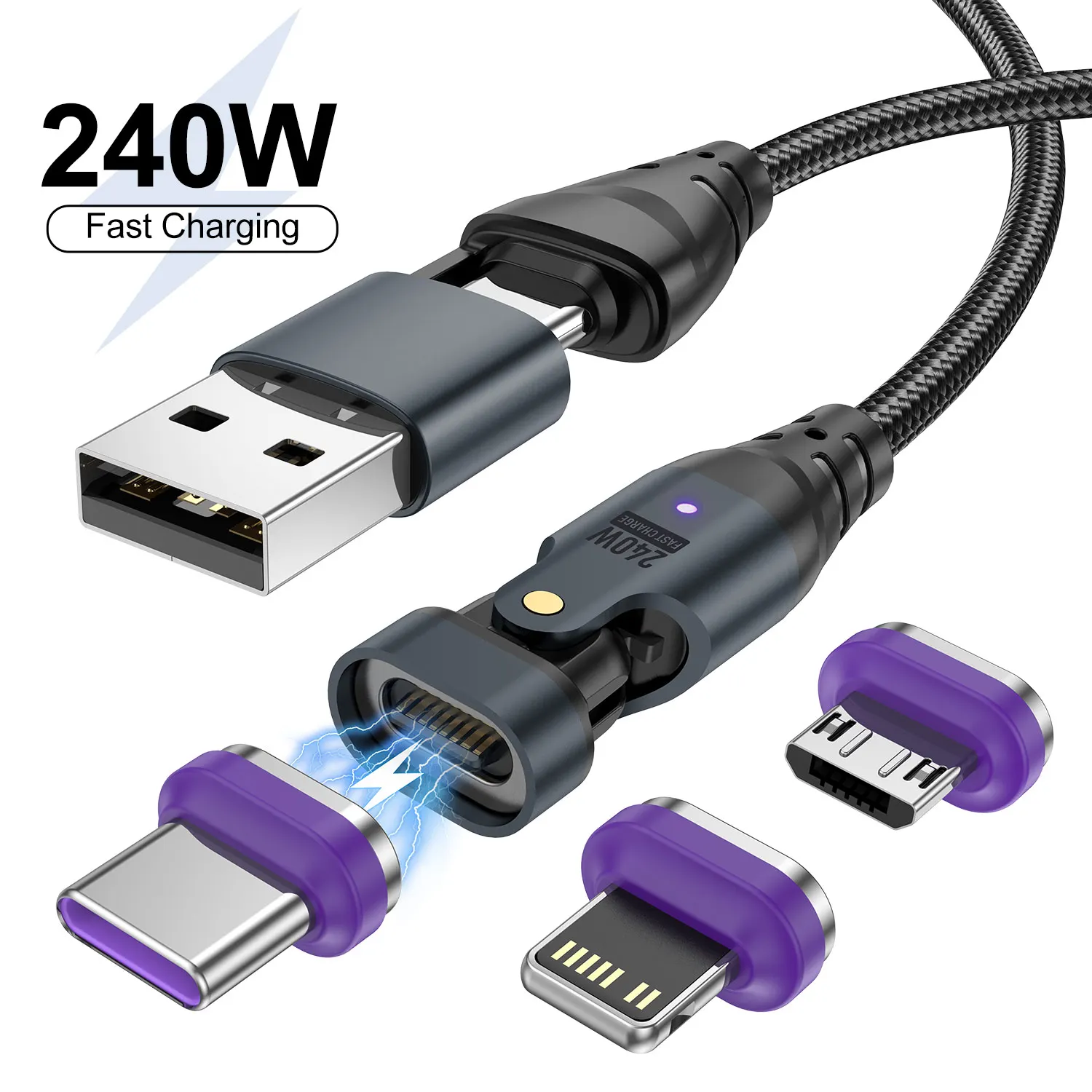 6 IN 1 240W Magnetic Cable PD3.1 USB Type C Micro Fast Charging Data Cord for Macbook Pro iPad iPhone 16 15 Xiaomi 14 Oneplus 12