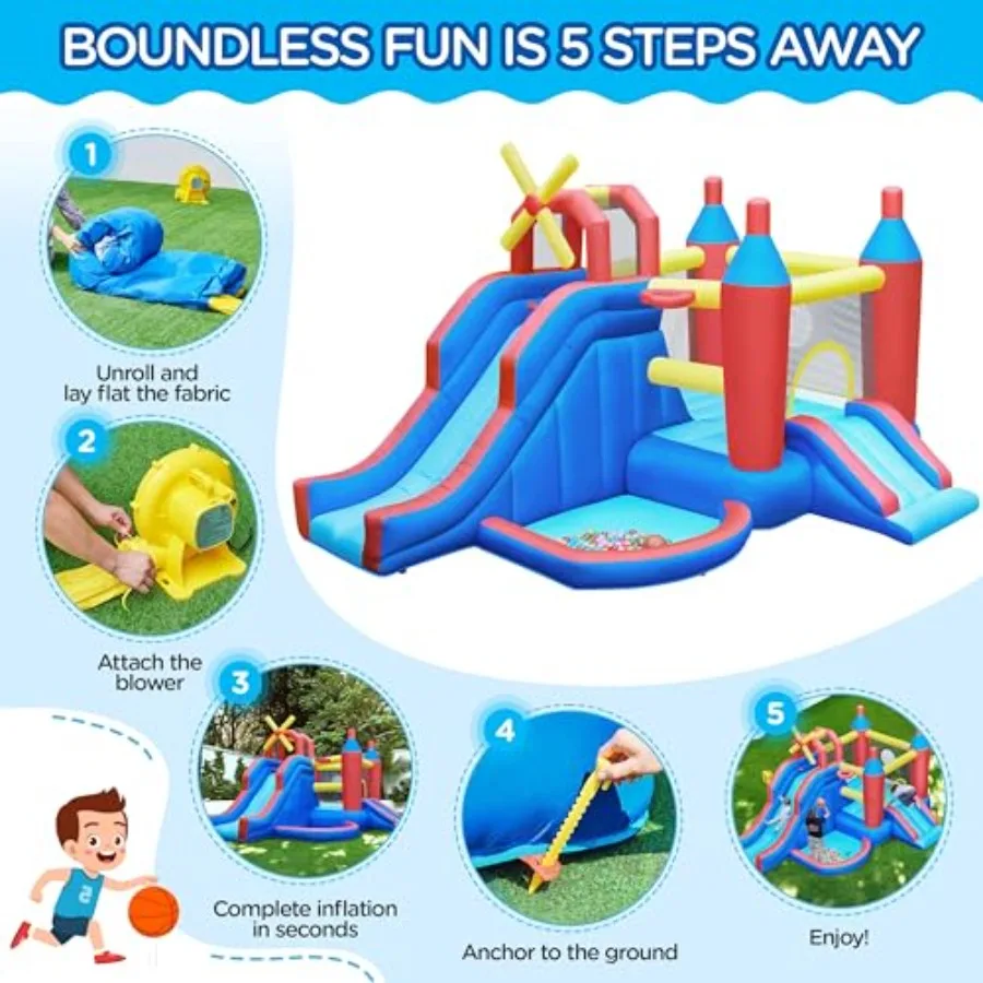 Inflatable Bounce House, 7-in-1 Bouncy Castle Combo w/Ball Pit & Bouncing Area & Slides & Basketball Game & Dart Game, Jump Hous