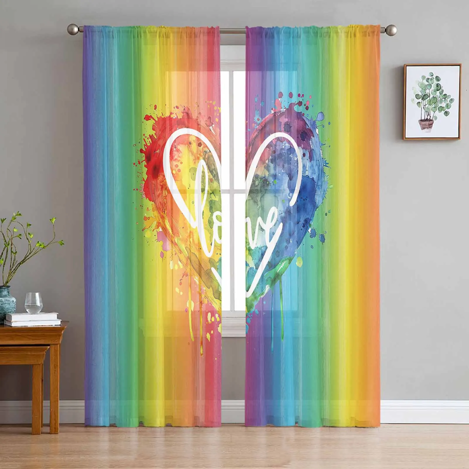 Rainbow Watercolor Gradient Hand Drawn Love Heart Sheer Curtains for Bedroom Living Room Voile Window Curtains Tulle Drapes