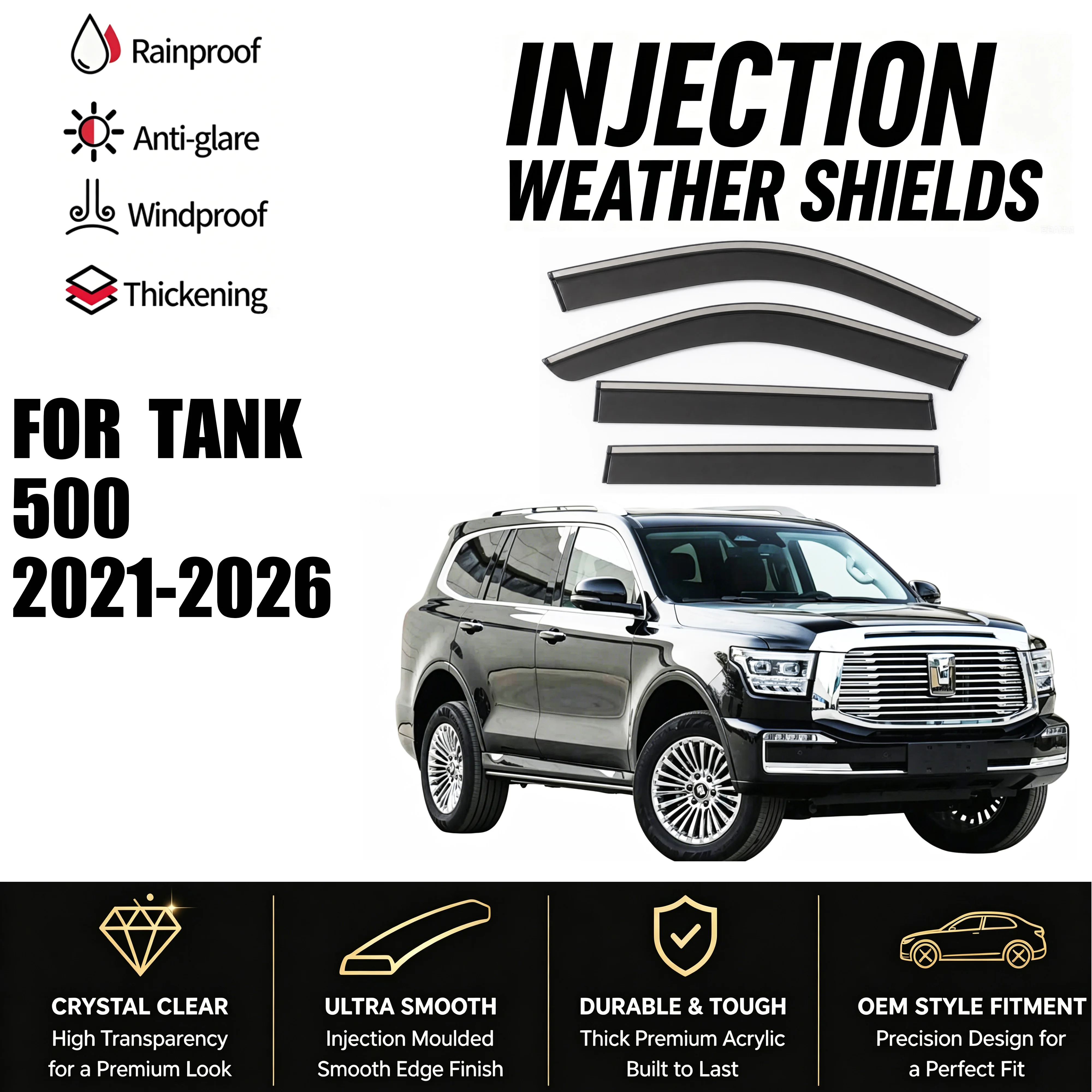 4PCS Luxury Style Window Visors Rain Deflectors For Tank 500 2021-2026 Smoke Tinted PC with Chrome Trim Weather Shields