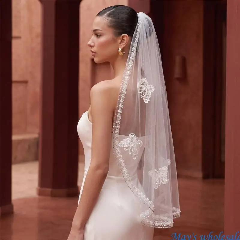 Sheer Bridal Veil Headpiece with Pearls Butterfly Detail and Lace Trim, Wedding Hair Drape for
