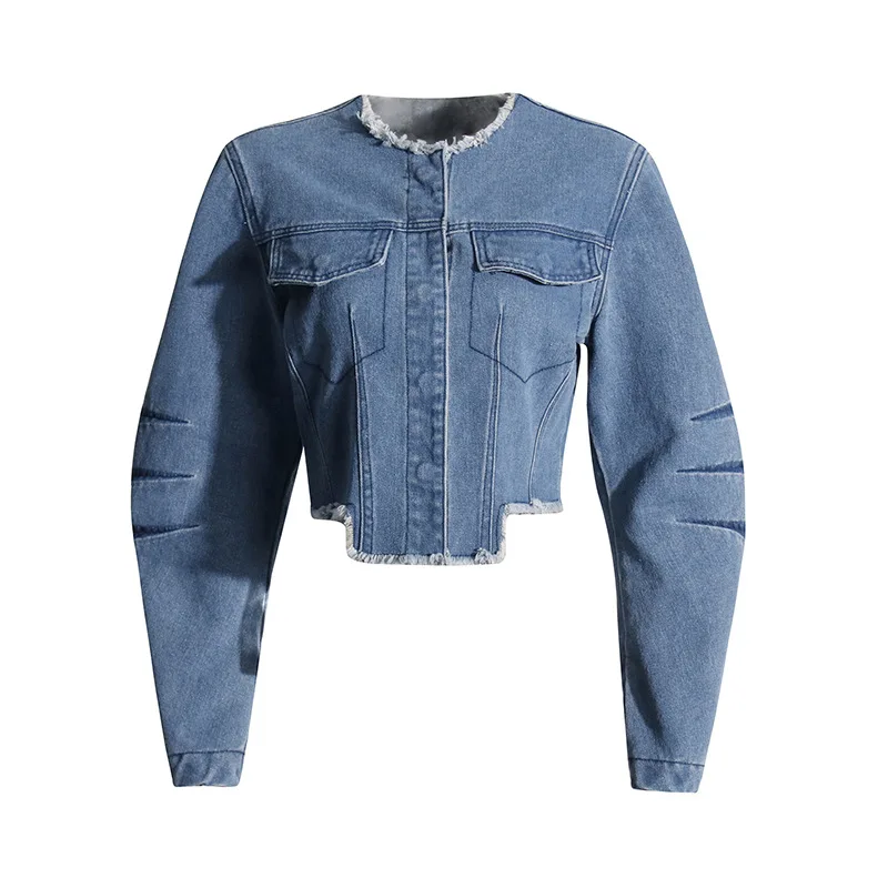 

Women Denim Coats Solid Jacket Short Asymmetric Pocket Round Neck Long Sleeve Single Breasted Cinched Waist Slim Fit 2026 Spring