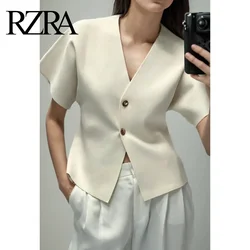 RZRA women's clothing 2024 autumn new solid color chic knit sweater short sleeve v-neck sports knitted jacket gold buttons