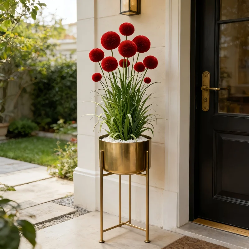 4 Pieces = 12 Stems, Vase Not Included. Artificial Simulated Reed Ball-Stem Grass, Realistic Red Ball Flowers, Suitable for Indoor and Outdoor Decoration, Perfect for Home, Hotel, Office, Weddings, Parties, Home Gardens, Porches, Cottages, Courtyards, Cafes, Very Suitable for Mother's Day, Father's Day, Earth Day, May 5Th, Graduation Season - view 2