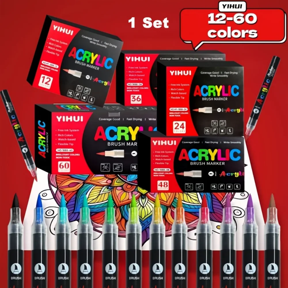12-60 Colors Acrylic Paint Markers Set Paint Pens Soft Brush