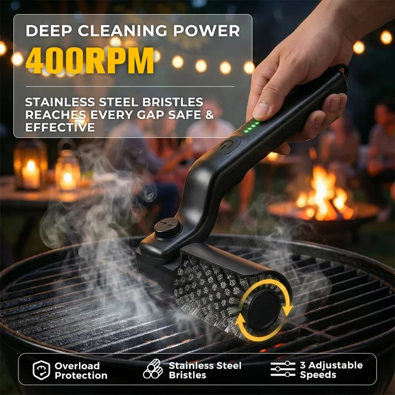 2600mAh Cordless Electric BBQ Grill Brush, 3 Speed Adjustable Angle Rechargeable Grill Cleaning Tool