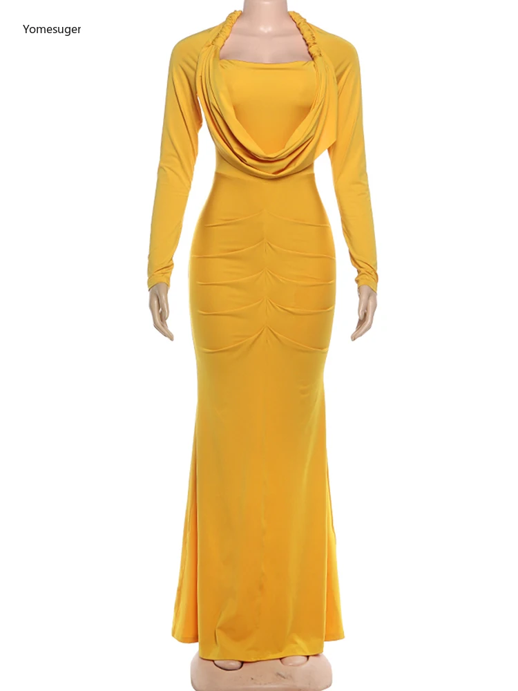 Yomesugar élégant froncé longues robes femme Hipster Sexy col pivotant manches longues maigre robes minuit bal fête Clubwear