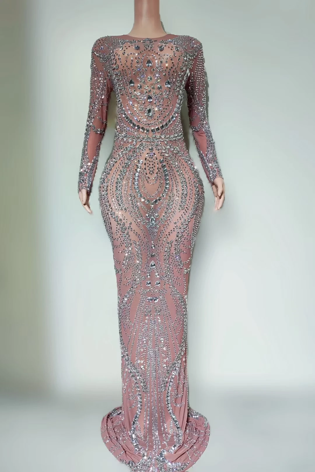 Mengjing Elegant Women Tailed Dress Shining Full Diamond High Elastic Long Sleeve Dress Banquet Birthday Cocktail Ball Dress
