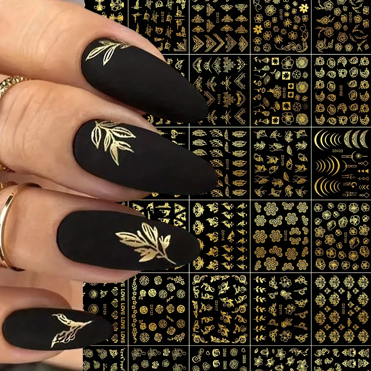 30 Blatt goldene florale Nagelkunst-Aufkleber – 3D-Metallic-Blätter & geometrische Abziehbilder, selbstklebende Kunststoffaufkleber für