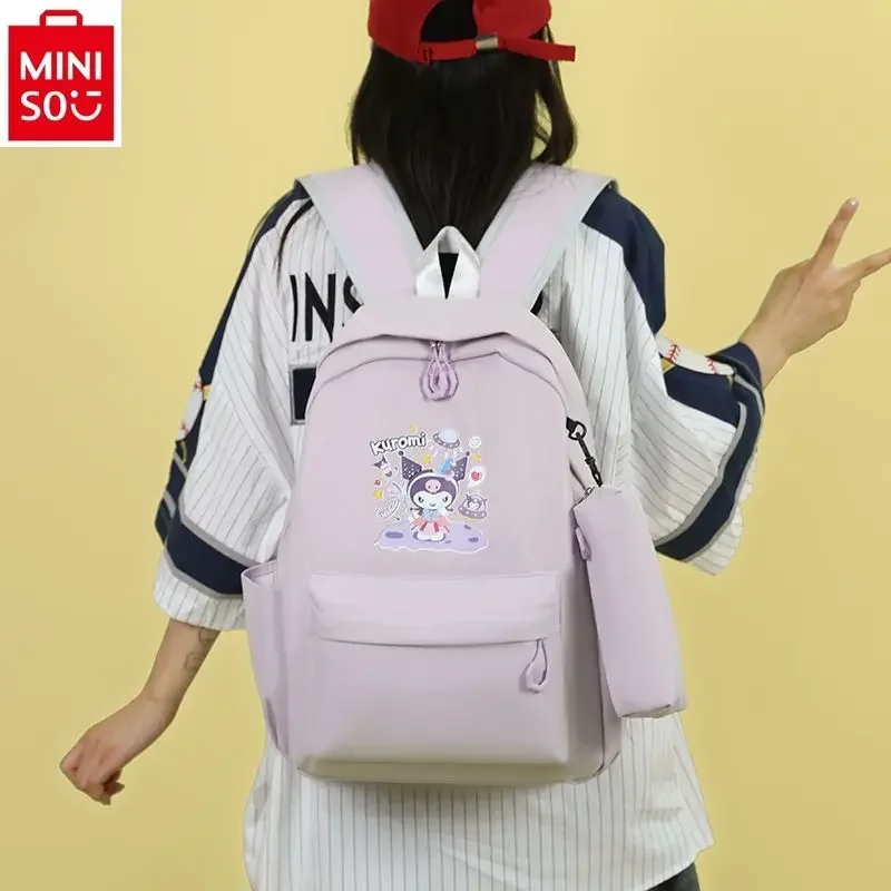 

MINISO 2024 New Cartoon Kuromi Strawberry Bear Lightweight Canvas Backpack Student Multi functional Large Capacity Backpack