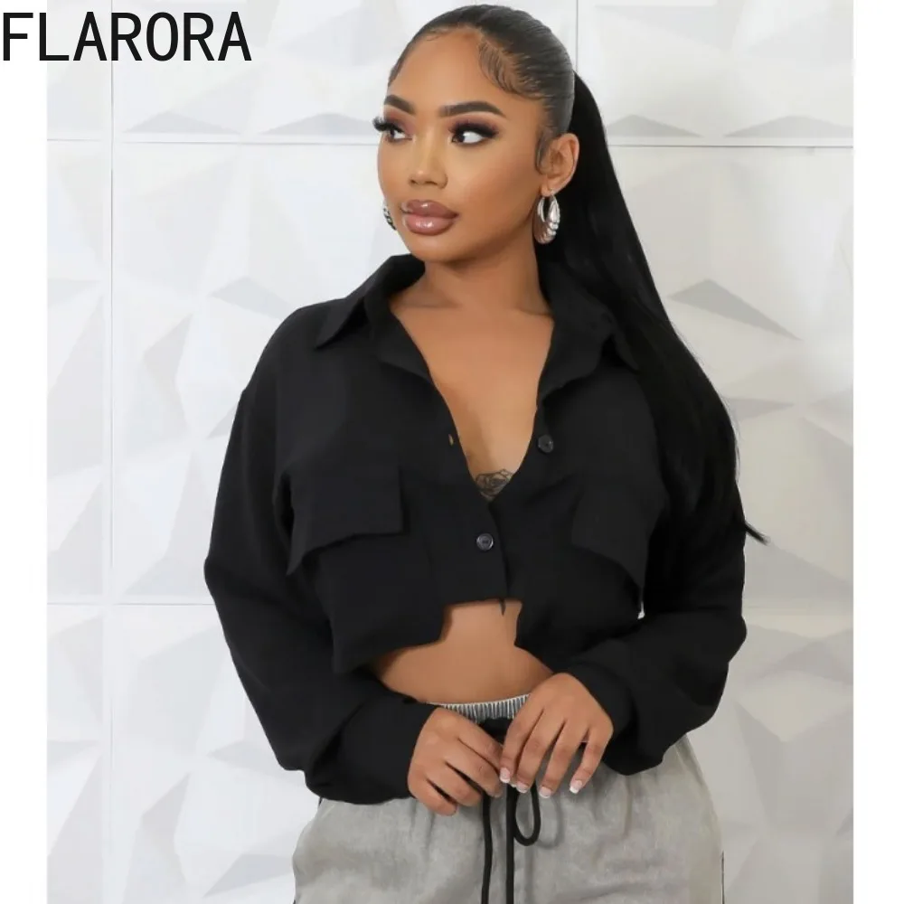 FLARORA White Solid Color Pocket Loose Shirts Women Turndown Collar Button Long Sleeve Irregular Crop Tops Clothing 2024 New