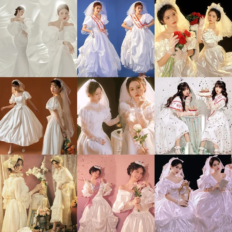 

Retro Court Wedding Dress Hong Kong Style Women's White Photography Studio Portrait Clothing New Arrival Winter Season