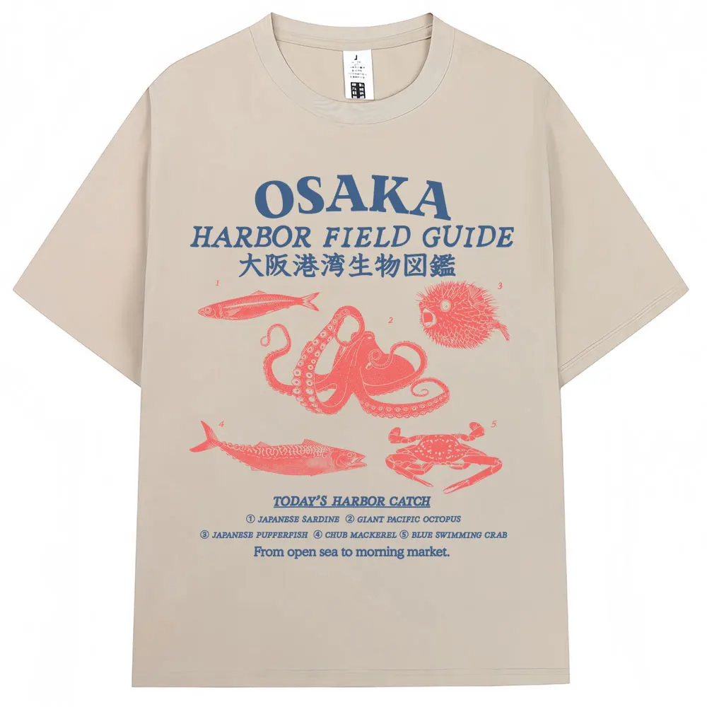 Japanese Style Osaka Harbor Field Guide Graphic T Shirt Men Women Japan Marine Life Octopus T-shirt Loose Cotton Casual T Shirts