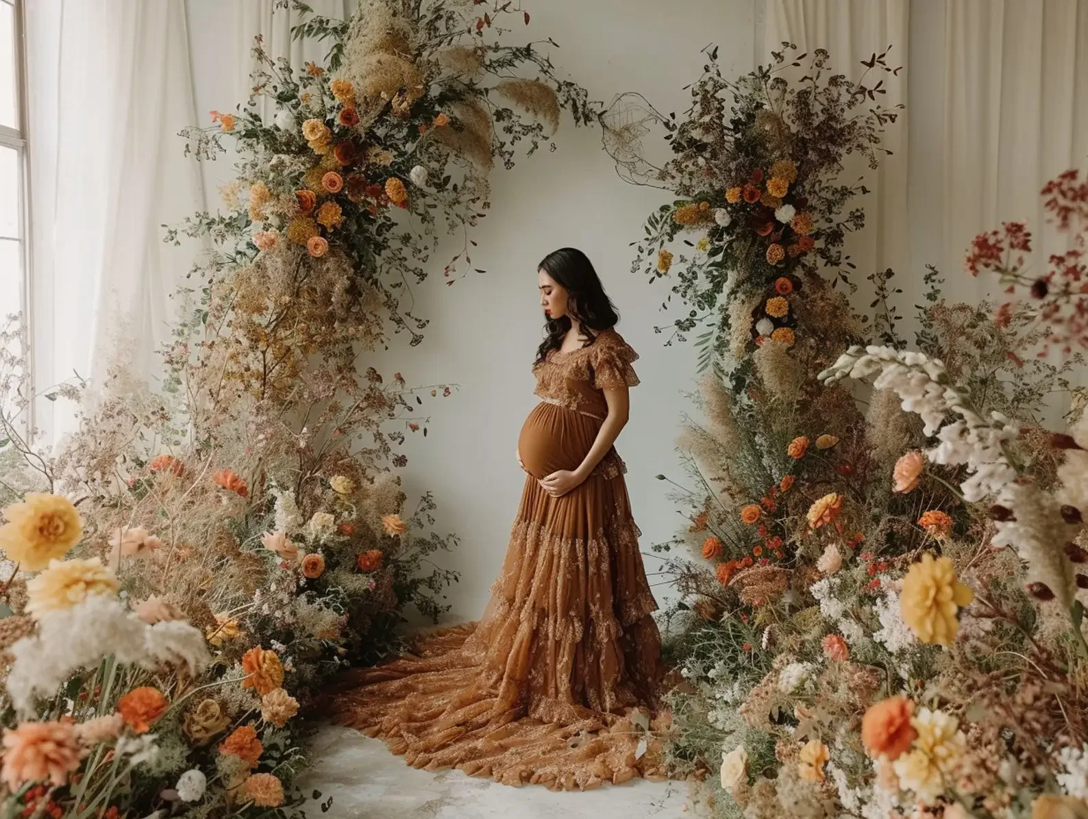 Mehofons latar belakang fotografi Boho lengkungan bunga jendela dewasa ulang tahun pernikahan potret bersalin dekorasi latar belakang Studio foto