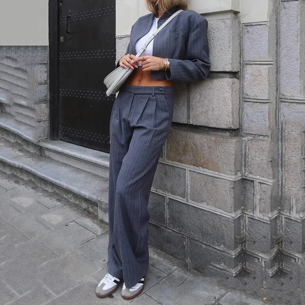

Women's Fashion High Waisted Striped Straight Leg Pants Vintage Zip Loose Suit Trousers Office Commuter Casual Trousers