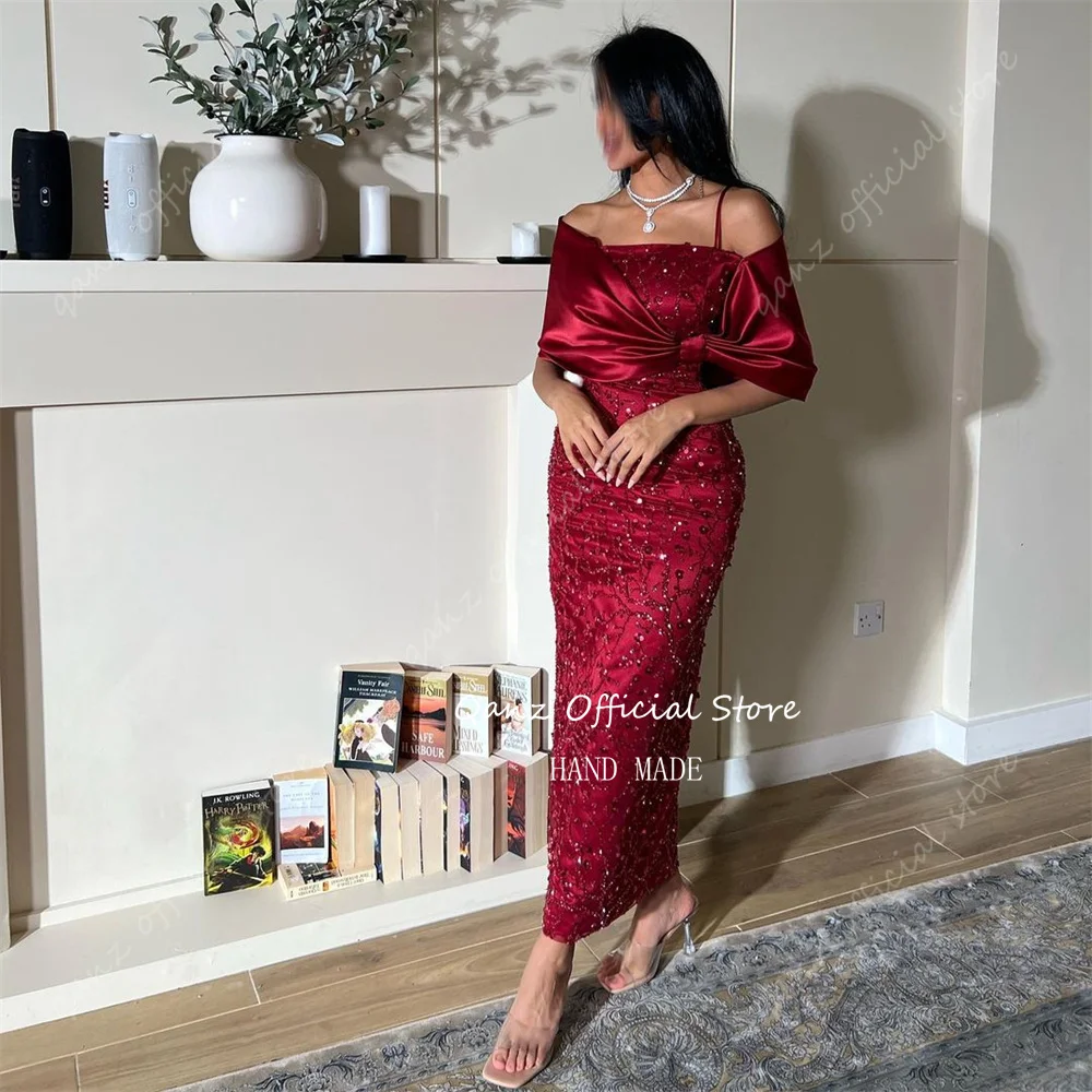 Qanz Saudi Arabia Burgundy Dubai Formal Evening Dress 2024 Luxury Sequin Mermaid with Bow Abendkleid Meerjungfrau Customized