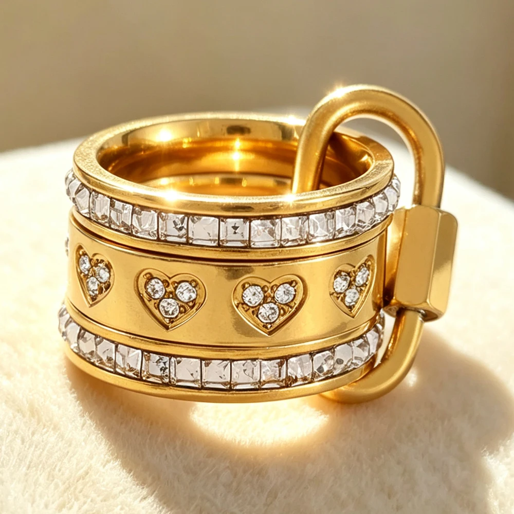 Yupsk 3pcs/set Shiny Zirconia Inlaid Stainless Steel Stackable Rings Golden and Silver Color-matched Ring Fashion Accessories