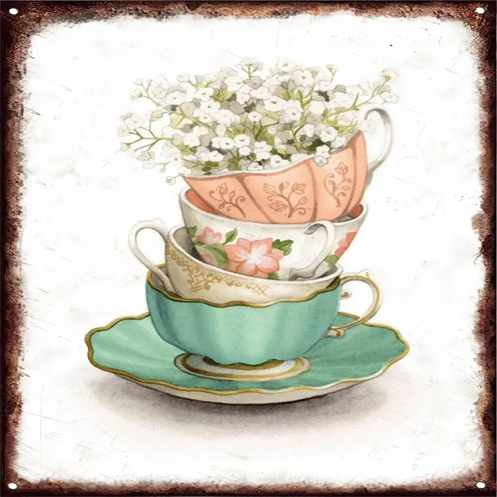 

Винтажная металлическая жестяная вывеска в виде старинной чашки, винтажная жестяная вывеска с цветами, настенное украшение для праздника, дня рождения, Дня Святого Валентина