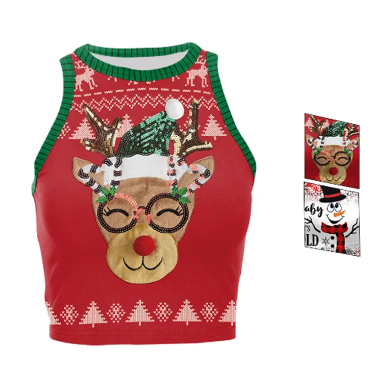 2025 Christmas clothing new summer European and American moose cute head digital print fashion short vest top