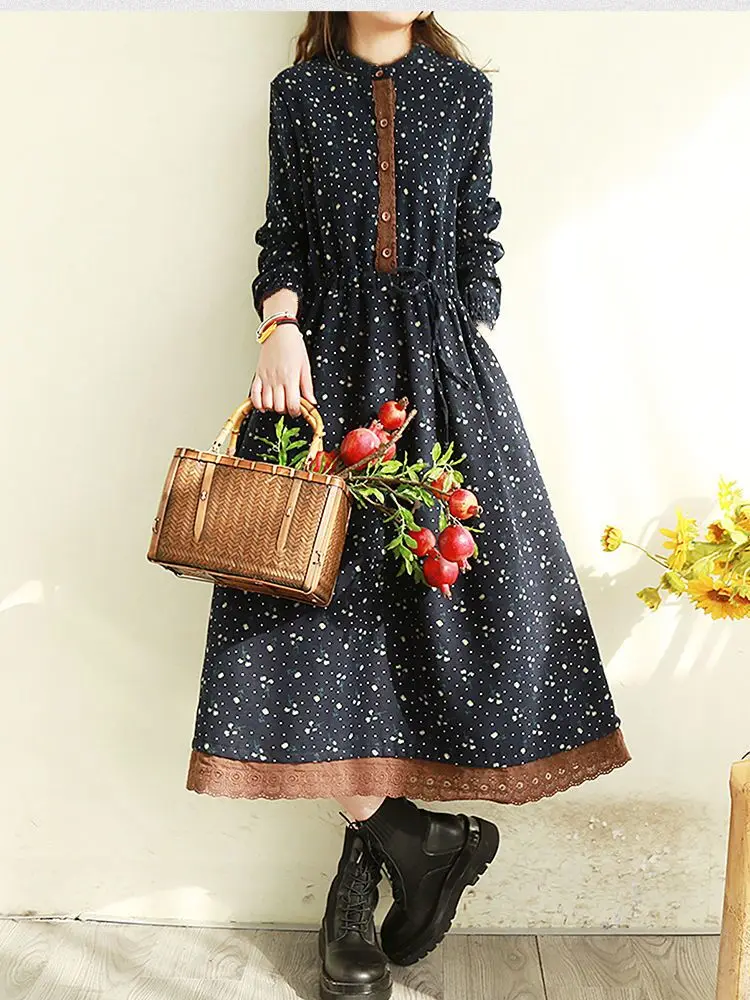 Rétro coton lin longue Sve imprimé fleuri Dr taille cintrée sur le genou longueur printemps automne saison une ligne jupe bouton unique