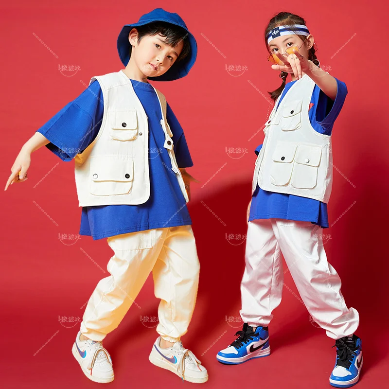 

Boys Hip Hop Girls Pocket White Vest Sweatpants Child Loose T-shirt Joggers Pant Street Dance Kid Tracksuit Streetwear Costumes