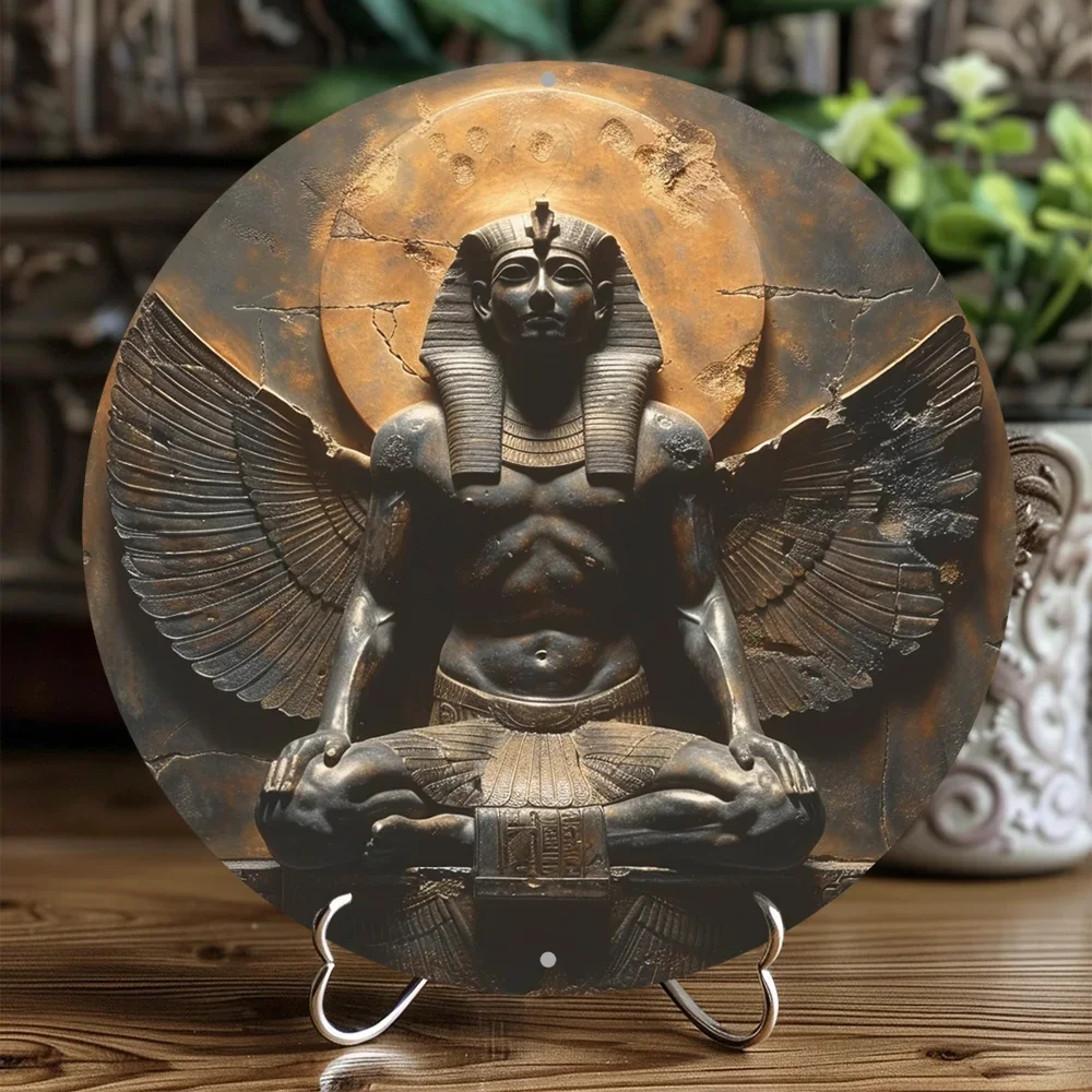 Round Aluminum Flat Sign, Egyptian Pharaoh Figure Themed, Decorative Artwork, Unique Office Room, Home Door Decoration, 2D