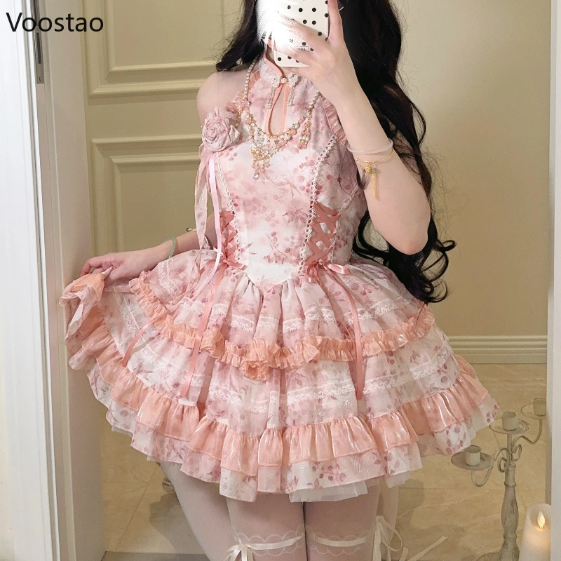 New Chinese Style Vintage Lolita Jsk Princess Dress Women Elegant Print Lace Ruffle Tea Party Mini Dress Pink Sweet Y2k Vestidos