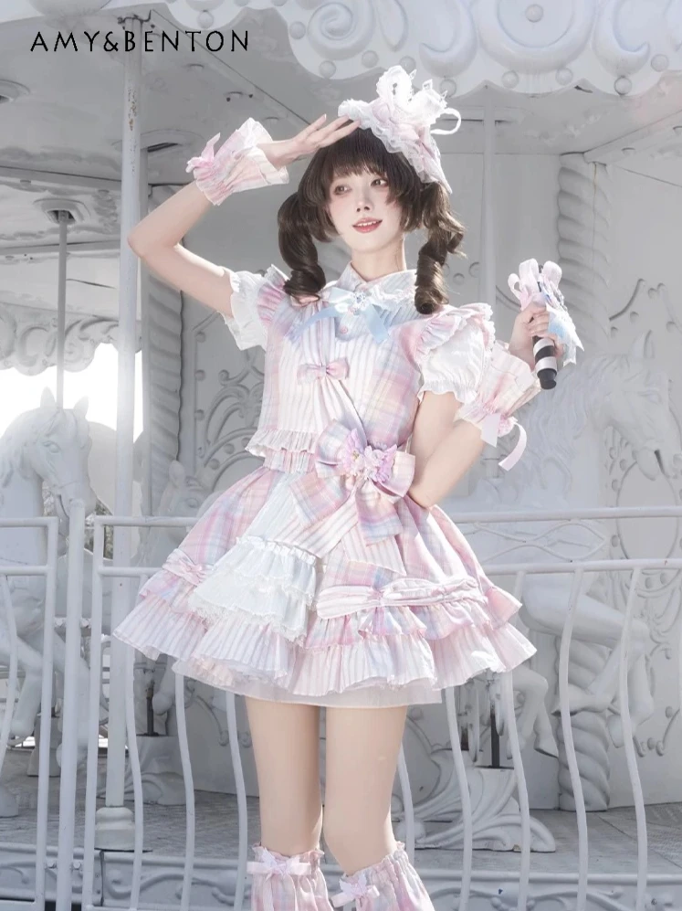 

Cute Girl Lolita Style Stage Costume Japanese Sweet Plaid Short-sleeved Shirt Cake Skirt Women's Summer Pink Bow Skirt Sets