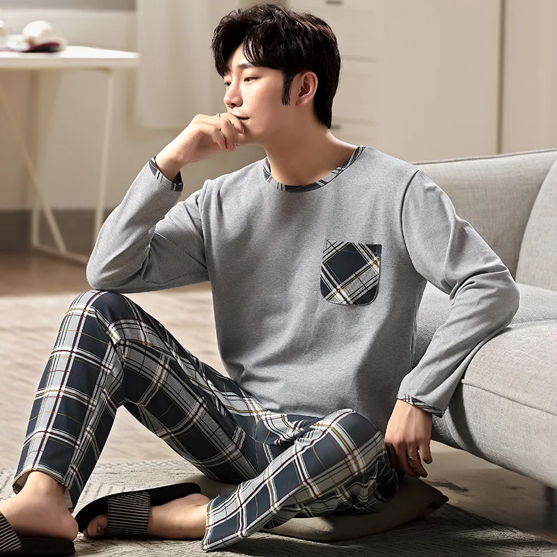 Simple Men Pajamas Sets Autumn Winter Long Sleeves Long Pants Cozy Sleepwear Boys Pyjamas Soft Pijamas Casual Pjs Sleeping Plaid