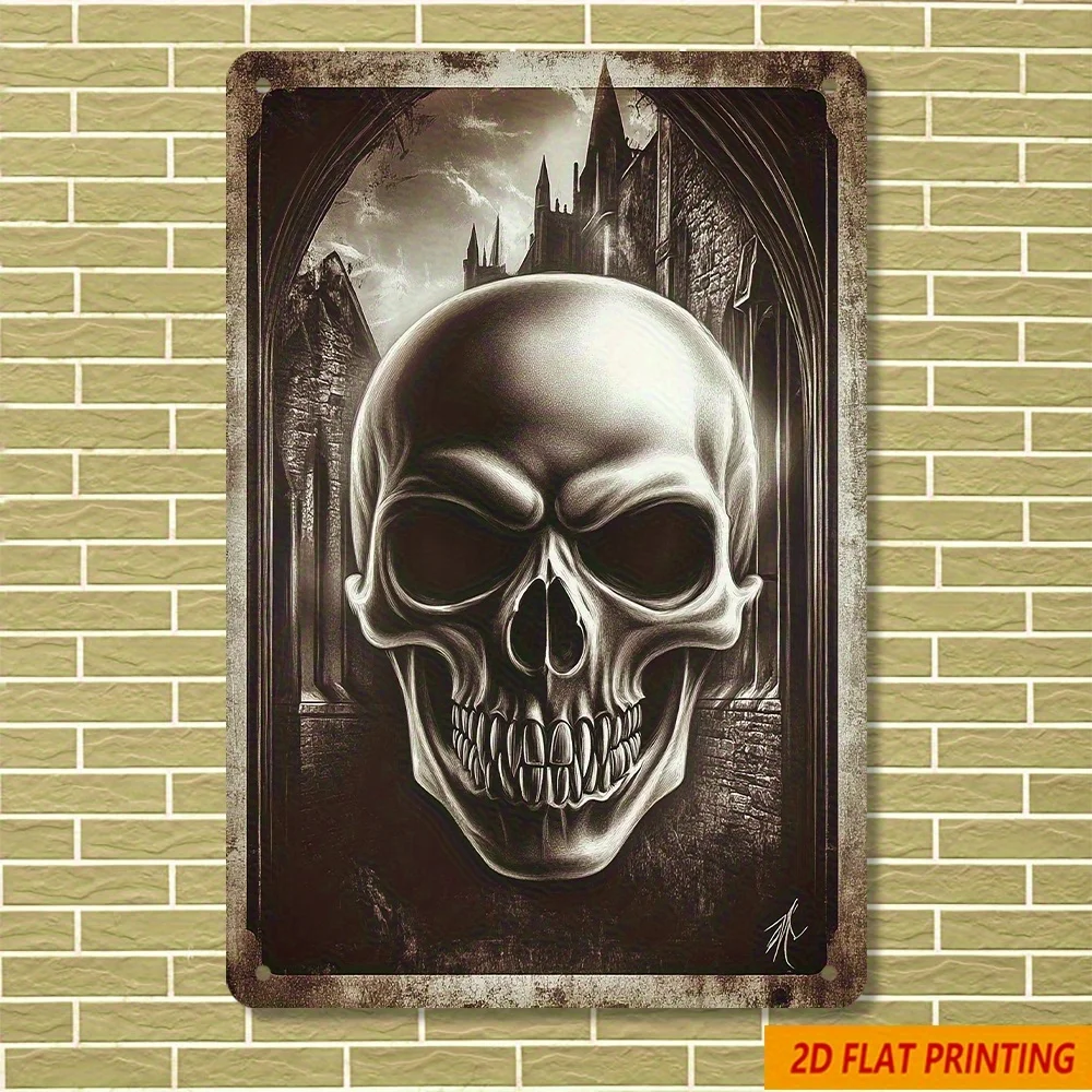 Vintage Gothic Totenkopf Metallblechschild – „Detaillierte Wandkunst mit verziertem Rahmen, dunkle Fantasy-Kathedralszene, perfekt für Zuhause, Ba