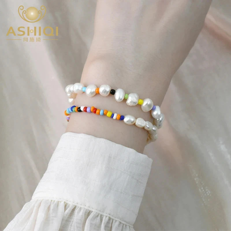 ASHIQI-pulsera de perlas naturales de agua dulce para mujer, pulsera de cuentas de colores, Nueva joyería de moda