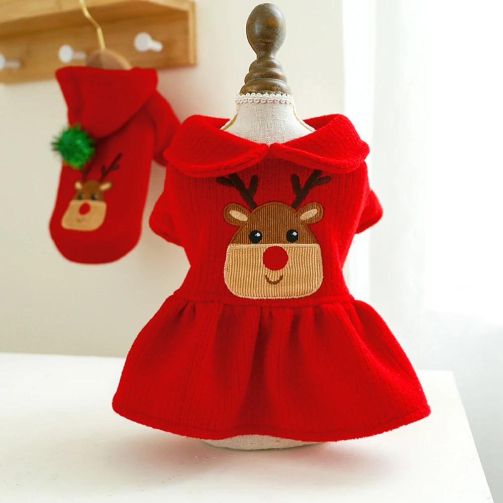 Autumn Winter Pet Dog Clothes Warm Plush Christmas Elk Couple Dress Red Skirt Hoodies Dog Clothes Sweater Warm Puppy Outfits