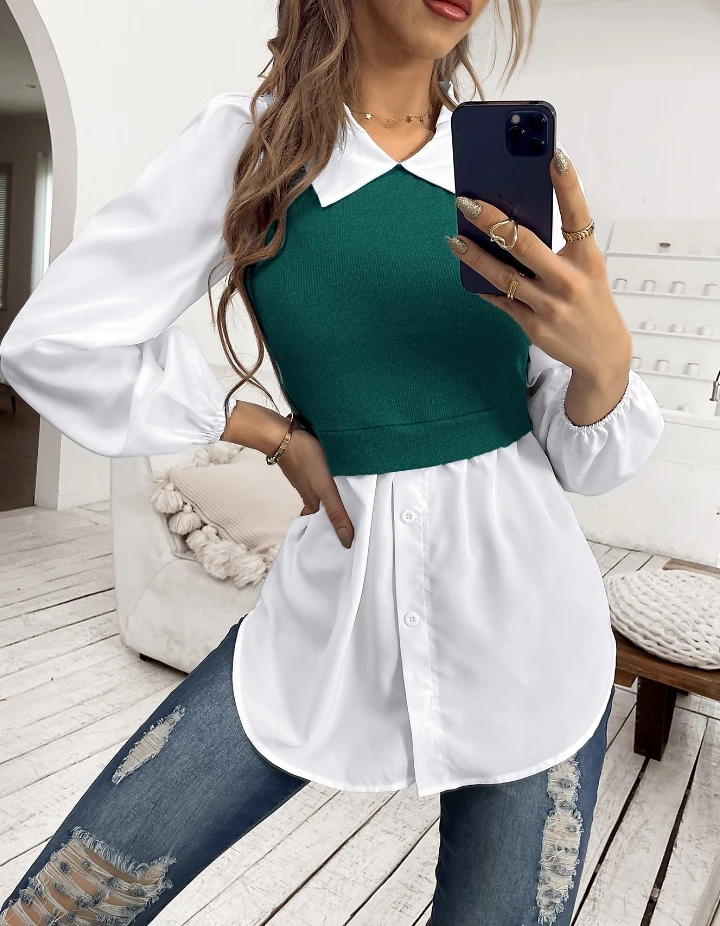 

Shenzhen Eastern Girls 2024 Temperament Commuting Vacation Two Piece Collar Long Sleeved Button Up Shirt T-Shirt In Stock