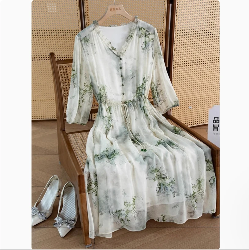 فستان من حرير التوت والحرير الخالص مع حزام الخصر، تأثير التخسيس الصيفي، تنورة راقية جديدة