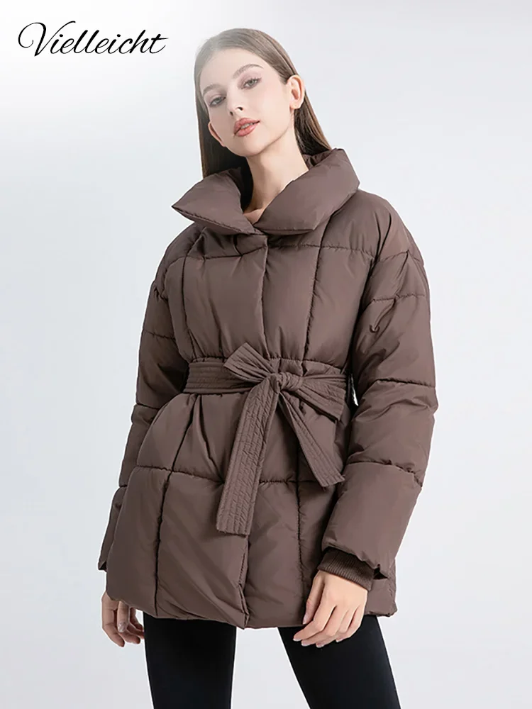 Vielleicht 2024 New Korean Puffer Jacket Winter Women Clothes Stand Collar Winter Cotton Padded Coat With Belt Female Outwear