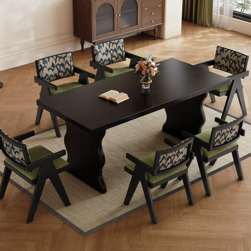 Medieval ash wood dining table and chairs, small household rectangular table