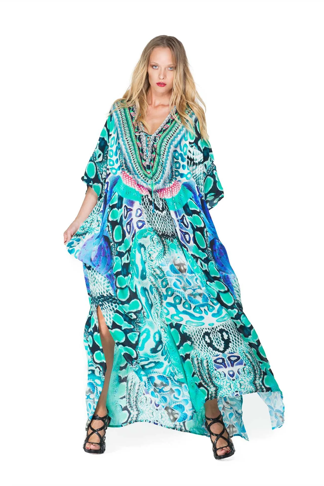 

Beach Cover Ups Tropical Printed Kaftans for Women Green Summer Holiday Bathing Suits Sales