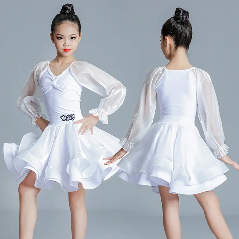 Vestido de baile latino con mangas abullonadas blancas, vestidos de competición de baile de salón latino para niñas, ropa de baile para niños, ropa de práctica